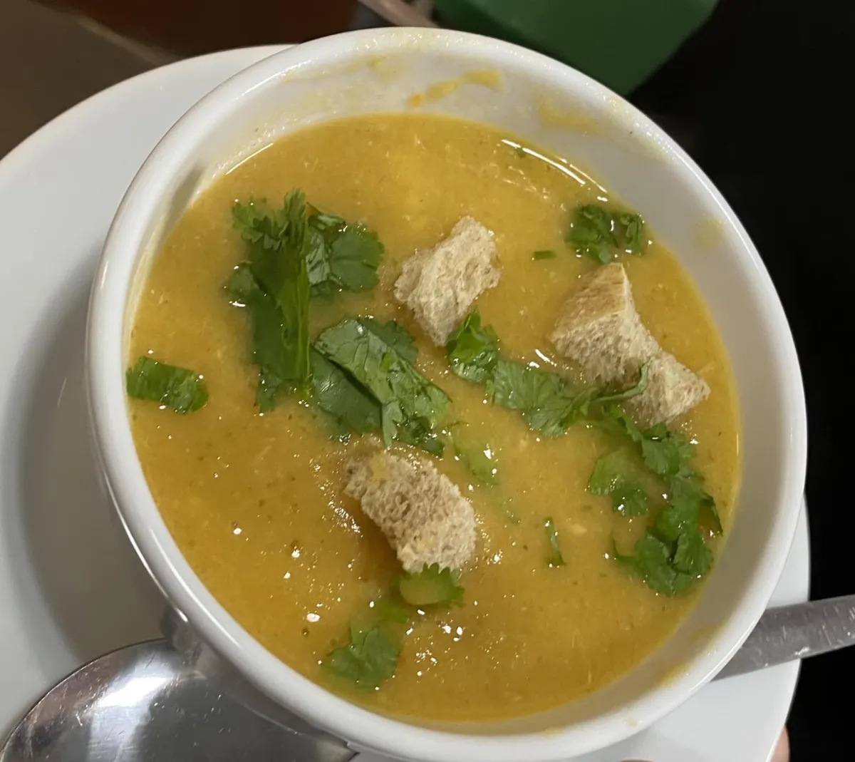 Uma tigela de sopa com coentros e pão frito